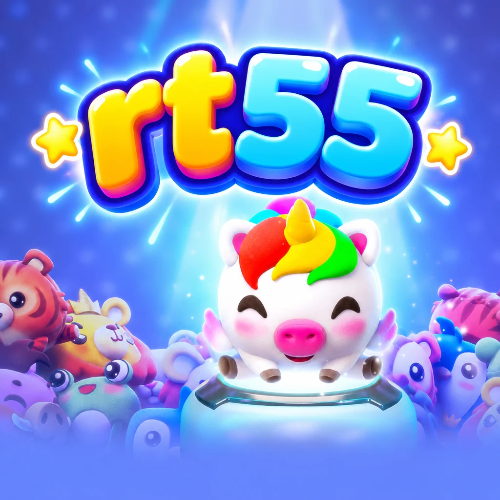 Logo rt55 warna-warni di atas boneka unicorn bersayap yang dikelilingi berbagai boneka binatang lucu dalam Plushie Frenzy