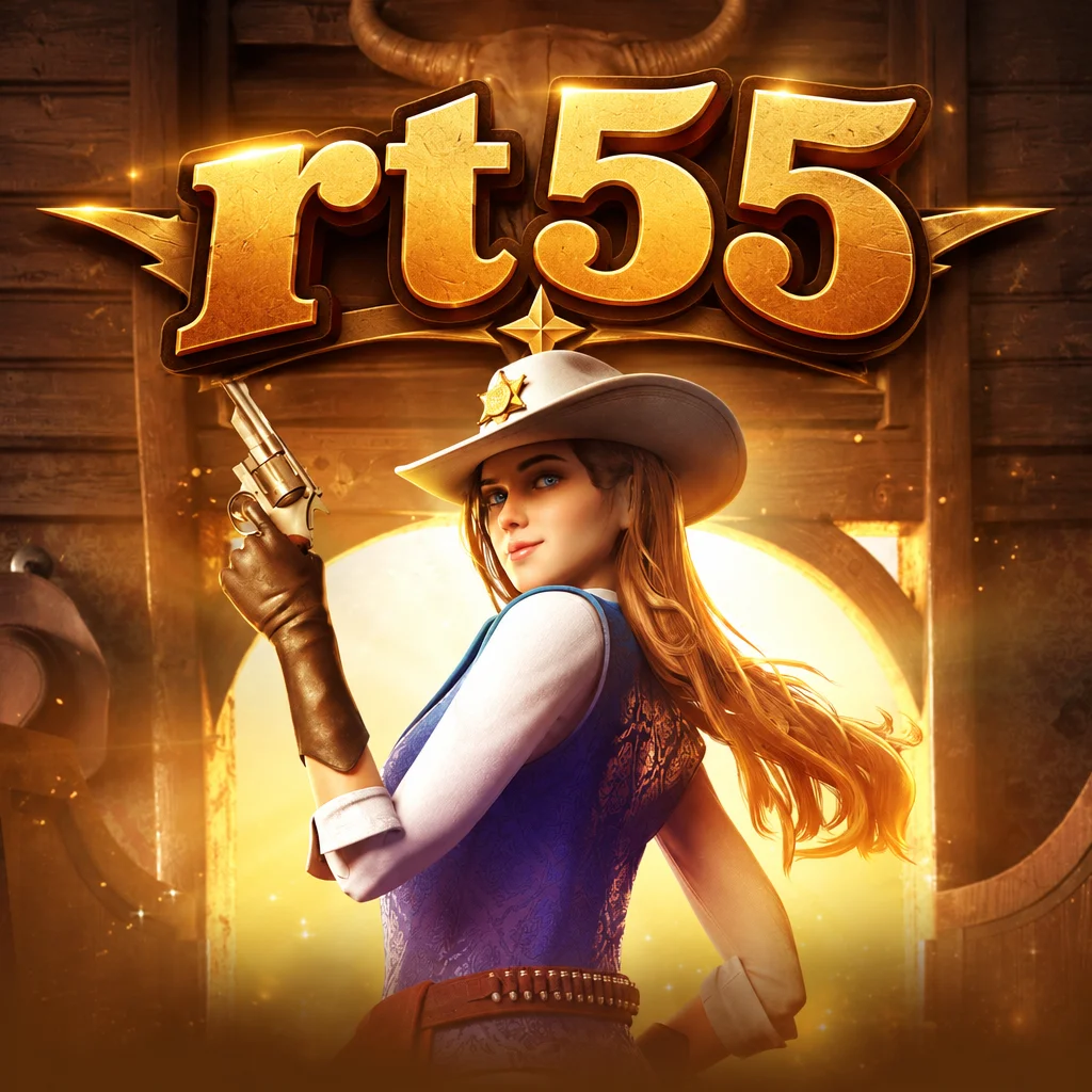 Karakter wanita koboi bertopi memegang senjata dengan latar kota barat dan logo rt55 dalam Wild Bounty Showdown