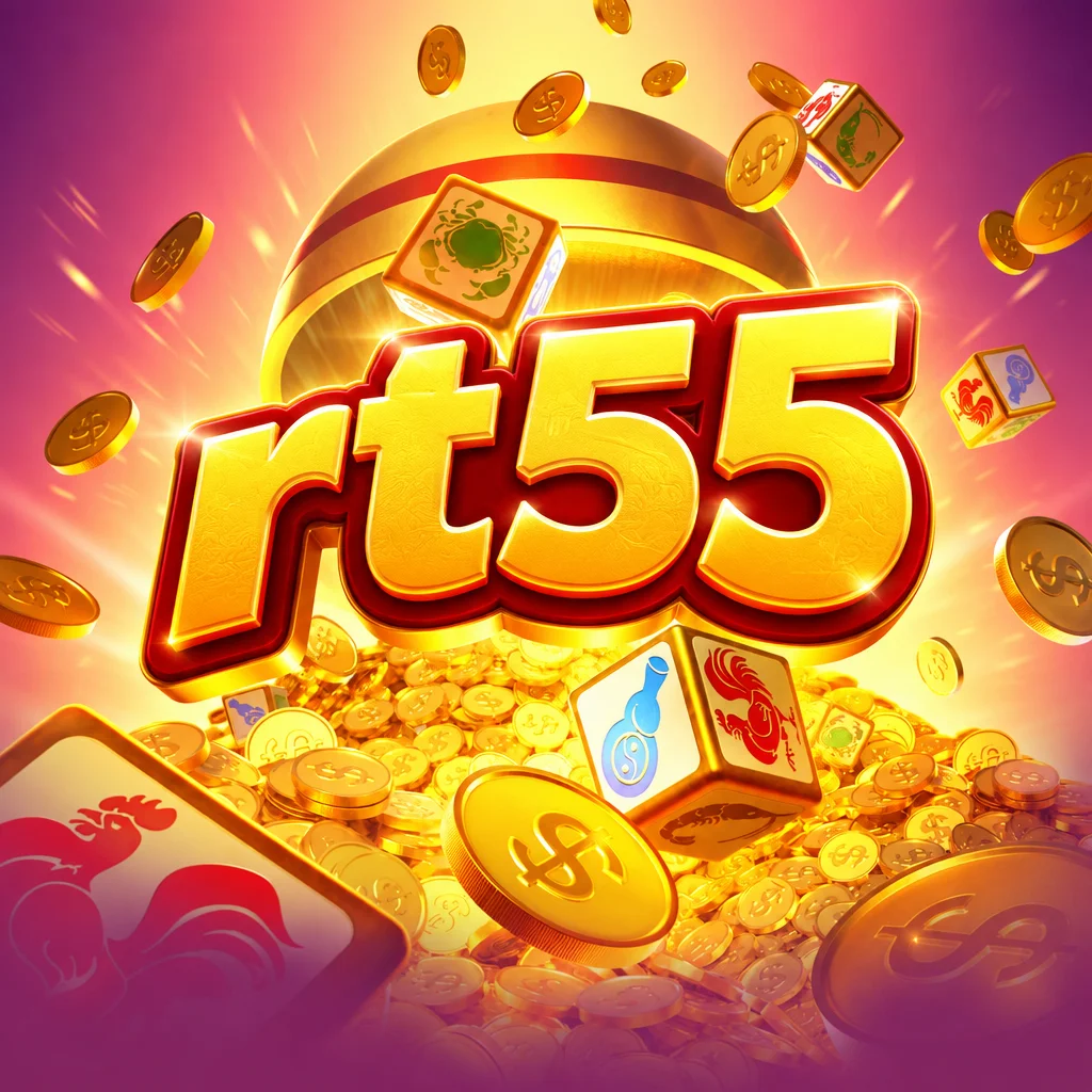 Logo rt55 berwarna emas dengan tumpukan koin emas dan dadu bergambar kepiting dan ayam dalam tema Win Win Fish Prawn Crab